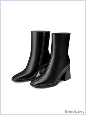 Square Toe Ankle Boots Faux Leather Chunky Heel Booties for Women Work